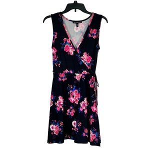 Derek Heart Woman's Medium Black Mini Dress With Bright Pink blue Flowers v-neck